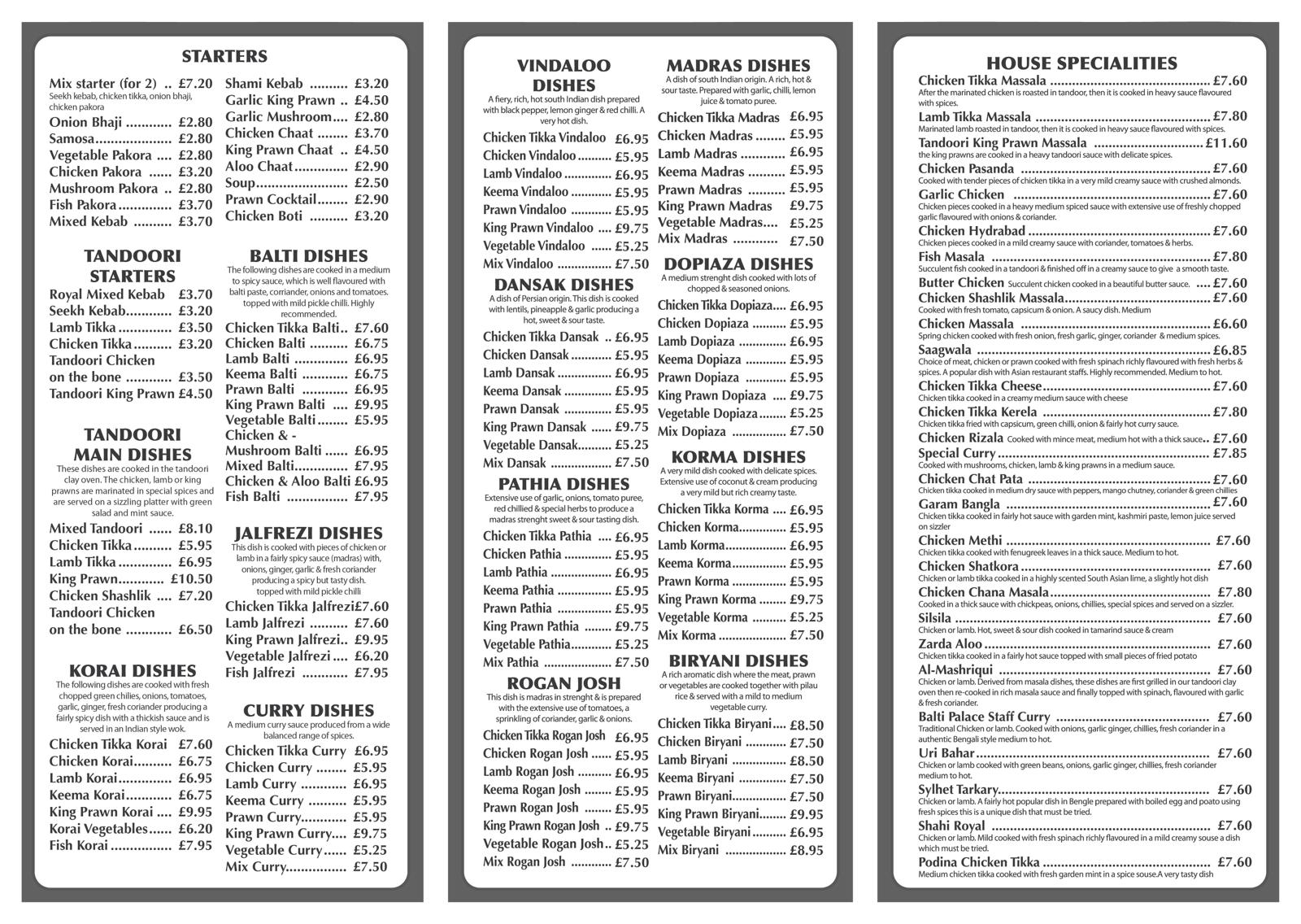 Menu Balti Palace, Doncaster Get 10 off on online orders via our